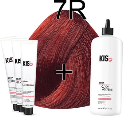 Kis KeraCream Color - 100ml - Haarverf Set - 7R Licht rood | KIS - (3 x haarverf & 1L waterstofperoxide)