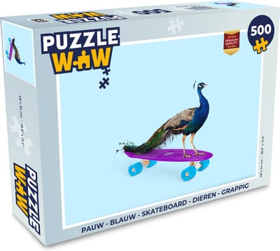 Puzzel Pauw - Blauw - Skateboard - Dieren - Grappig - Legpuzzel - Puzzel 500 stukjes