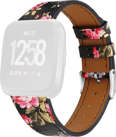 By Qubix - Compatible Fitbit bandje - geschikt voor Fitbit Versa 1 / 2 & Lite leren bandje - Bloemenprint roze Smartwatchbandje bandje Armband Polsband Strap Band Watchband