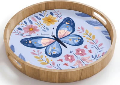Dienblad rond 40x40 cm - Schootdienblad hout - Vlinder - Lichtblauw - Sierlijk - Bloemen - Borrelplank rechthoek - Plateau houten dienbladen