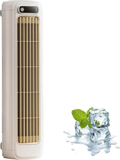Draagbare airconditioner, stille draagbare airconditioner met 3 snelheden, ventilator zonder bladen (beige), oplaadbaar, inclusief twee haken.