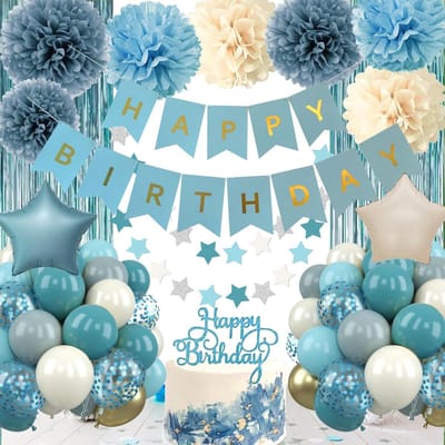 Dailygoods- Verjaardagsballonnen Complete Decoratie - Vlaggetjesslinger/Happy Birthday - Papieren Pompons - Taartdecoratie - Ballonnen voor Verjaardag - 46 Ballonnen - Feestdecoratie