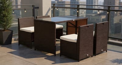 5-delige tuinmeubelset 4 personen inklapbaar 120x120x74 cm Polyrotan Balkon Eetgroep met 4 Stoelen, Krukken, Kussens en Tafel Weerbestendig Opbergruimte | Urbanhome