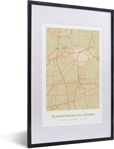 Fotolijst incl. Poster - Plattegrond - Vintage - Retro - Scherpenheuvel-Zichem - Kaart - Stadskaart - 40x60 cm - Posterlijst