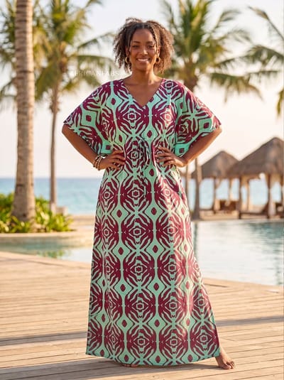 Boho rayon kaftan jurk met tailleband - Bordeauxrood Mint Tribal Mirage - Strand Cover Up Caftan Maxi Jurk