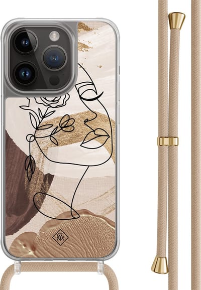 Casimoda® hoesje met beige koord - Geschikt voor iPhone 13 Pro - Abstract Gezicht Bruin - Afneembaar koord - TPU/polycarbonaat - Bruin/beige