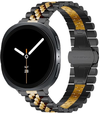 Stravo 5-rij schakels metalen bandje – Geschikt voor Samsung Galaxy Watch 9 (40/44mm) / Watch 8 (40/44mm) / 8 Classic (46mm) – Premium RVS horlogeband met vlindersluiting – inclusief inkortset (Zwart/goud)