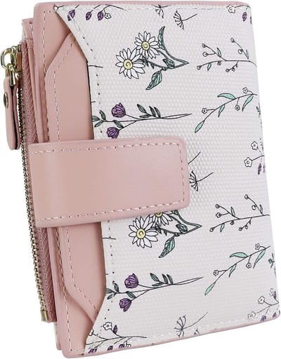 Vrouwen Portemonnee met Grote Capaciteit en Afneembare Dubbelzijdige Mini Portemonnee met Bloemenpatroon, Roze, Modern Design