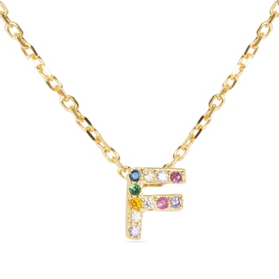 Luxenter Sterling Zilver 925 collier met Veelkleurige Zirkonia afgewerkt in 18K geel goud - Alfabet