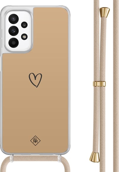 Casimoda® hoesje met beige koord - Geschikt voor Samsung A23 - Hart Bruin - Afneembaar koord - TPU/acryl - Bruin/beige