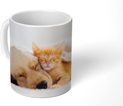 Mok - Koffiemok - Dieren - Hond - Kitten - Rood - Mokken - 350 ML - Beker - Koffiemokken - Theemok