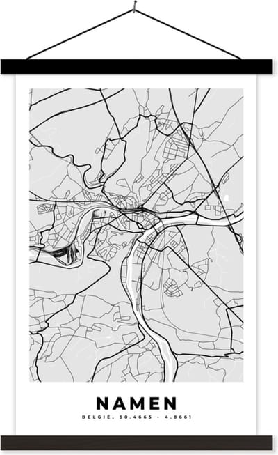 Posterhanger incl. Poster 40x60 cm - Schoolplaat - België – Namen – Stadskaart – Kaart – Zwart Wit – Plattegrond - Textielposter - Zwarte latten - Stadskaart
