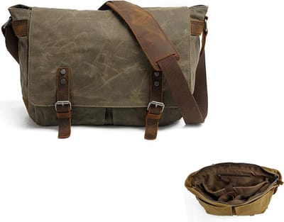 KZQ Heren schoudertas en briefcase - Vintage echt leer en gewaxte canvas - Stevige messenger bag - Groen