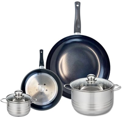 Set van 2 Koekenpannen 20 en 32 cm en 2 Kookpotten 12 en 20 cm Elo Prima Glanzend