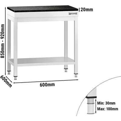 GGM Gastro Edelstahl Arbeitstisch PREMIUM - 600x600mm - mit Grundboden - inkl. Granitarbeitsplatte
