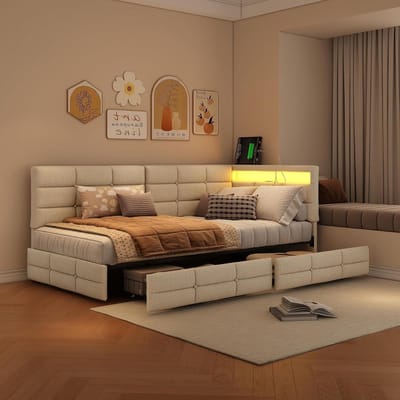 Gestoffeerd Bed - Opklapbed Slaapbank - Ruimtebesparend Slapen - Met LED en USB - 90x200 cm - Beige