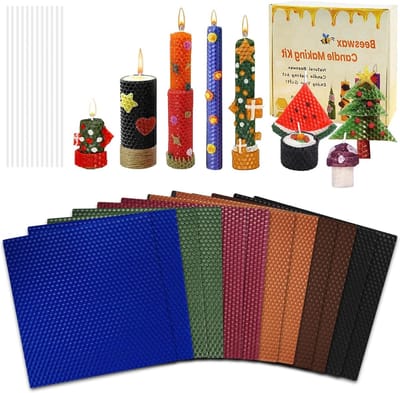 Beeswas Kaarsen Maken Set met 12 Katoenen Pitten, DIY Kaarsen Maken voor Volwassenen en Kinderen - 6 Kleuren en Bijenwasplaten
