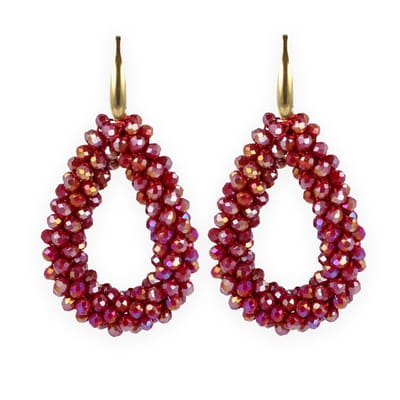 Lajetti - Bordeauxrode Gala Druppel Oorbellen Dames - Stainless Steel Beaded Earrings - Glaskralen