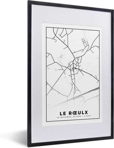 Fotolijst incl. Poster Zwart Wit- Zwart Wit – België – Plattegrond – Stadskaart – Kaart – Le Rœulx - 40x60 cm - Posterlijst