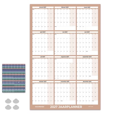 Huurdies Jaarplanner 2027 – Maandagstart – Inclusief Planningsstickers & Ophangstickers – 115 g/m² Blueback – Weekenden Gekleurd – Soft Camel