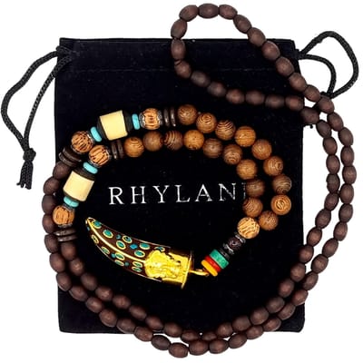 Rhylane - Boho Mala Ketting Met Tand Hanger – Hout & Steen -Bruin - 80 cm