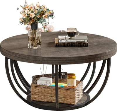 NaevaMi Salontafel Rond - Industrieel Hout En Metaal - Industriële Ronde Salontafel - bijzettafel - Met Extra Opbergruimte - 2 Lagen - 80x80x44 cm - Moderne Woonkamer Tafel Design - Grijs