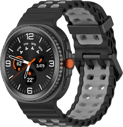 Stravo Ocean Siliconen Bandje met Gespsluiting – Geschikt voor Samsung Galaxy Watch 9 (40/44mm) / Watch 8 (40/44mm) / 8 Classic (46mm) – Ademend & Waterdicht Sport Horlogebandje – Zwart/grijs