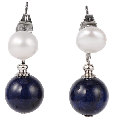Zoetwaterparel met edelsteen oorbellen Pearl Stud Lapis Lazuli - oorstekers - echte parels - wit - blauw - sieraden zakje