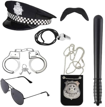 Dailygoods- Politie Kostuum Kinderen - Politie Hoed - Politiehandboeien - Politiestokje - Politiebadgetas - Zonnebril - 7 Stuks Accessoires - Kostuumset