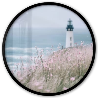 Poster in lijst Rond - Fotolijst 40x40 cm - Posters - Vuurtoren - Klif - Zee - Bloemen - Ronde posterlijst zwart - Decoratie - Wanddecoratie woonkamer - Muurdecoratie slaapkamer