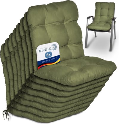 Beautissu Flair NL Stoelkussen Set 8x Lage Rugleuning 100x50x8 cm Olijfgroen – Tuinstoelkussen