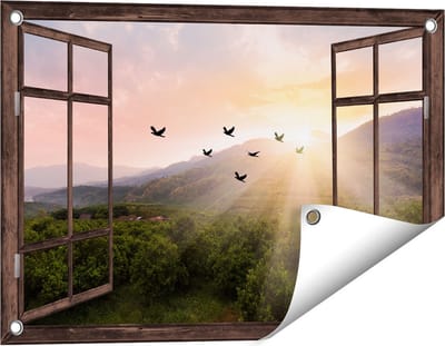 Gards Tuinposter Doorkijk Silhouet Zwerm Vogels bij Zonsondergang - 60x40 cm - Tuindoek - Tuindecoratie - Wanddecoratie buiten - Tuinschilderij