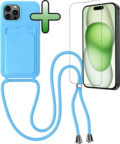 Hoes Geschikt voor iPhone 14 Pro Max Hoesje Pas Houder Case Hoes Met Koord Met Screenprotector - Hoesje Geschikt voor iPhone 14 Pro Max Hoes Met Telefoonkoord Pasjeshouder Cover - Lichtblauw