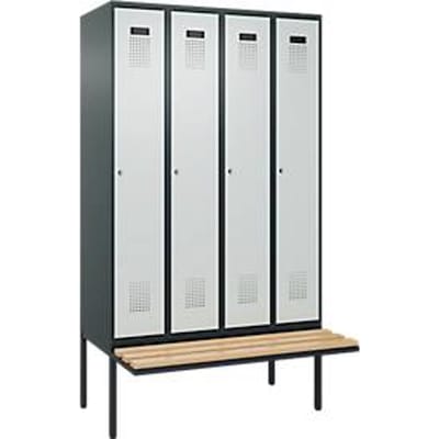 C+P Evolo Plus garderobekast, 4 vakken van elk 300 mm breed, zwevende bank, B 1200 x D 815 x H 2120 mm, cilinder, antracietgrijs/lichtgrijs