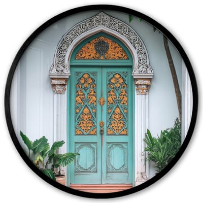 Poster in lijst Rond - Fotolijst 40x40 cm - Posters - Deur - Patronen - Planten - Ronde posterlijst zwart - Decoratie - Wanddecoratie woonkamer - Muurdecoratie slaapkamer
