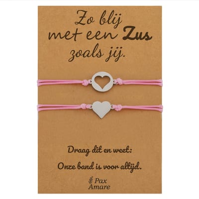 Vriendschapsarmbandjes voor 2 "Zussen voor altijd" - Hartjes - Sisters Armbandjes met Cadeau Kaartje - Zilverkleurig met Roze - Elastisch Verstelbaar - Pax Amare