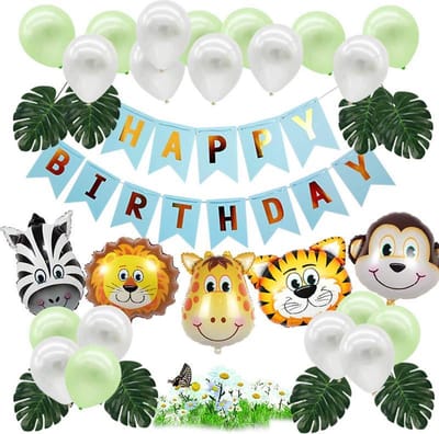 Jungle Decoratie Verjaardag Versiering pakket - Gratis verzending - Babydouche Safari Blauw Groen - met dieren ballonnen en happy birthday slinger Jongen