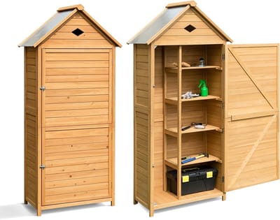 Houten tuinhuis met schuin dak, 80 x 35 x 176 cm, weerbestendig gereedschapshuis met planken en slot, ideaal voor tuin en balkon