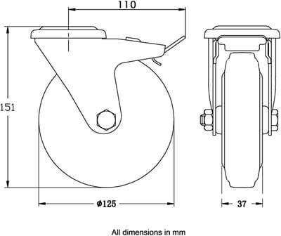 125 mm zwenkwiel met rem en zwenkrem, met zwart rubber op een hartwiel van geperst staal