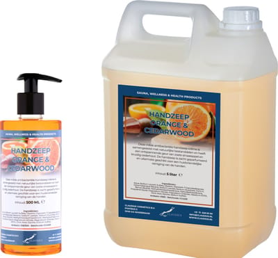 Handzeep Sweet Orange & Cedarwood 500 ml met gratis pomp - hervulbaar + Jerrycan 5 liter navulling
