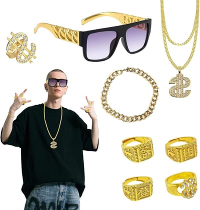 Hiphop-kostuumaccessoires voor 80 en 90's, complete set voor hippie-rapper en discofeest, trendy outfit en decoraties