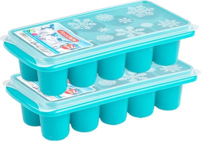 Plasticforte ijsklontjes bakjes - grote ijsblokken van 6.5 cm - 2x stuks - trays met deksel van 10 vakjes - kunststof - blauw