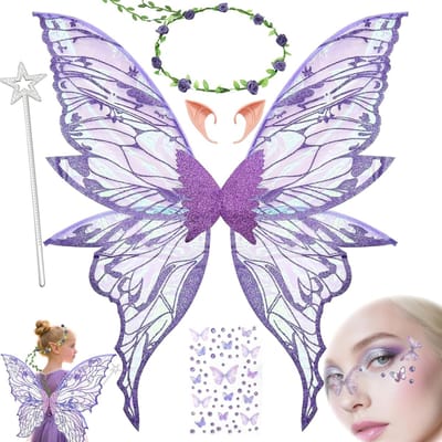 SnelShoppen - Fairy Wing Costume Set met Schmetterlingsflügel, Elf Ears, Wreath Diadem, Fairy Rod, Butterfly Sticker - Perfect voor Carnaval, Feestjes