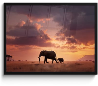 Poster in lijst - Fotolijst 80x60 cm - Posters - Olifanten - Grasland - Zonsondergang - Posterlijst zwart - Decoratie - Wanddecoratie woonkamer - Muurdecoratie slaapkamer