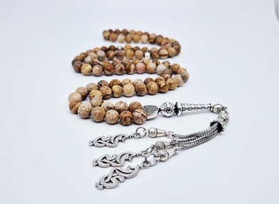 Handgemaakte tesbih "Tasbih" natuursteen "Picture Jasper" - Aantal kralen 99 - Diameter kralen 8MM - met metaal tassel "Moeder" - Een mooi cadeau-idee