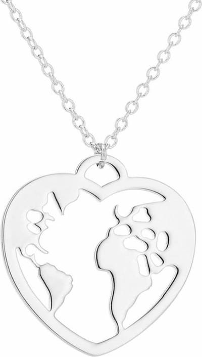 Fako Bijoux® - Ketting - Wereldbol Hart - Wereldkaart - Zilverkleurig