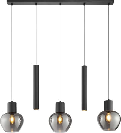 Brilliant Ligari - Hanglamp - 5-lichts - Balk 123 cm - E27 max 3x20W/GU10 max 2x10W - Zwart/Smoke