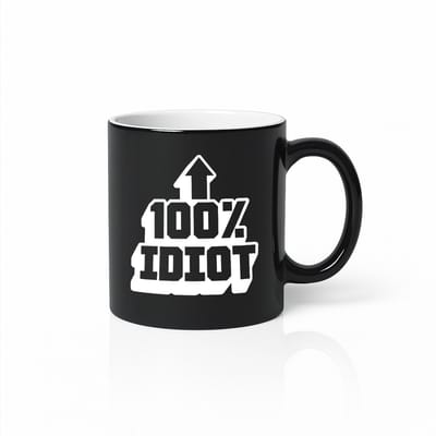Grappige “100% Idiot” Zwarte Magic Mok – Stoer Pijl Humorontwerp – 330 ml Warmtegevoelige Koffiemok