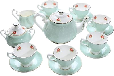 Theeservies 15-delig - Porseleinen Koffieset - Afternoon Tea - Vintage Flora Decor - 6 Kopjes 220ml - Blauw