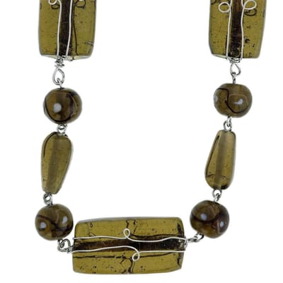 Behave - Ketting met bruin grijze glaskralen - 75 cm